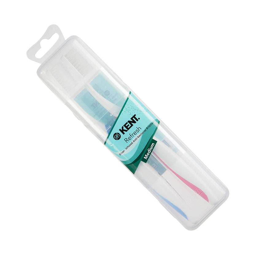 Two Silver-infused Medium Toothbrushes in Travel Case - TSIL REFRESH B/R