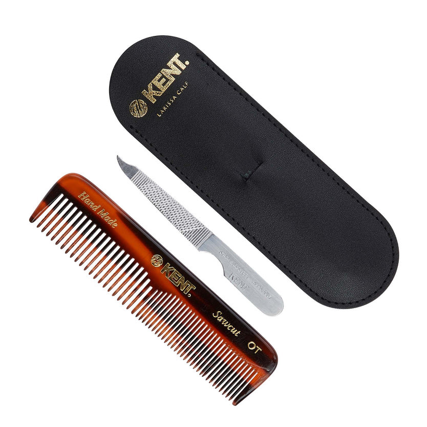 NU 19 CASE - Handmade 112mm OT Pocket Comb with Nail File in Leather Case Front View - LR